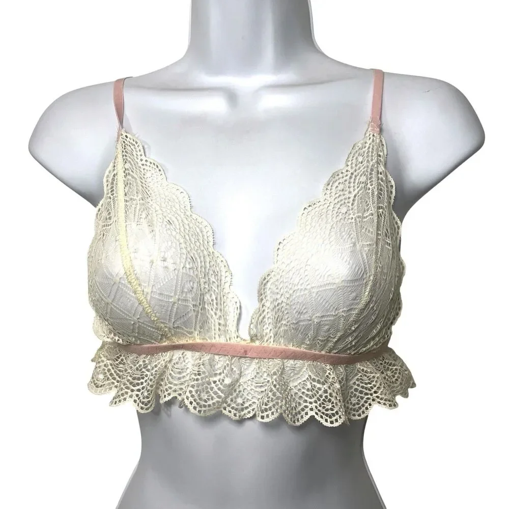 Boohoo Bralette Bra Women's L White Lace Wireless Ruffle Hem Adjustable Straps